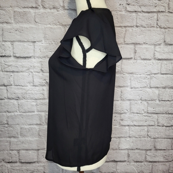 Worthington women's black semi sheer front pleated cap flutter sleeve top sz PXS - Picture 7 of 11